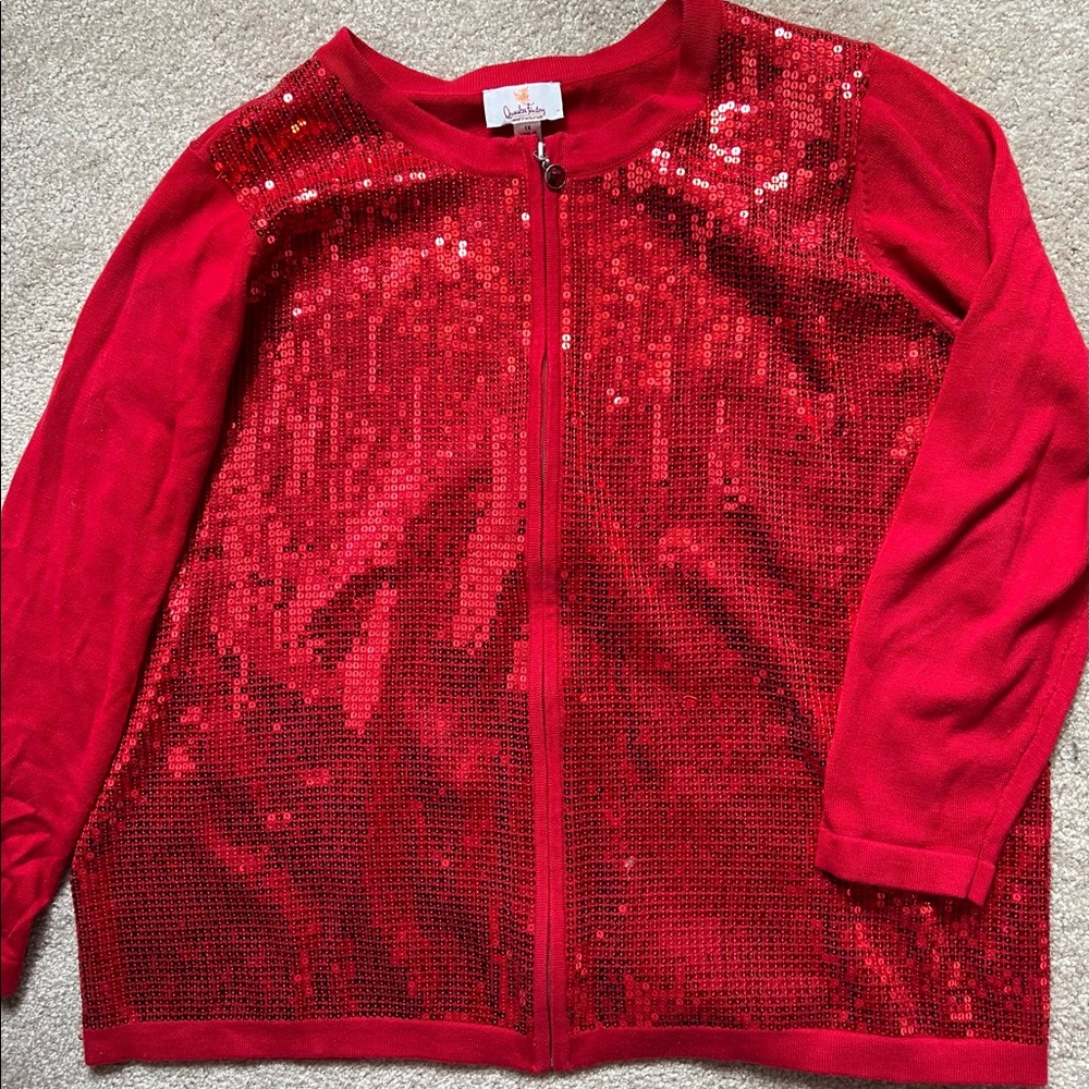 Quacker Factory 1x Red Sequin Zipper Cardigan - image 1